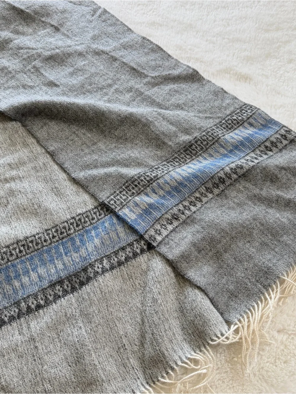 100% Baby Alpaca Scarf Gray Blue Geometric Fringe Peru Soft Luxury 64”